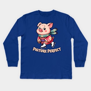 Ice skating pig Kids Long Sleeve T-Shirt